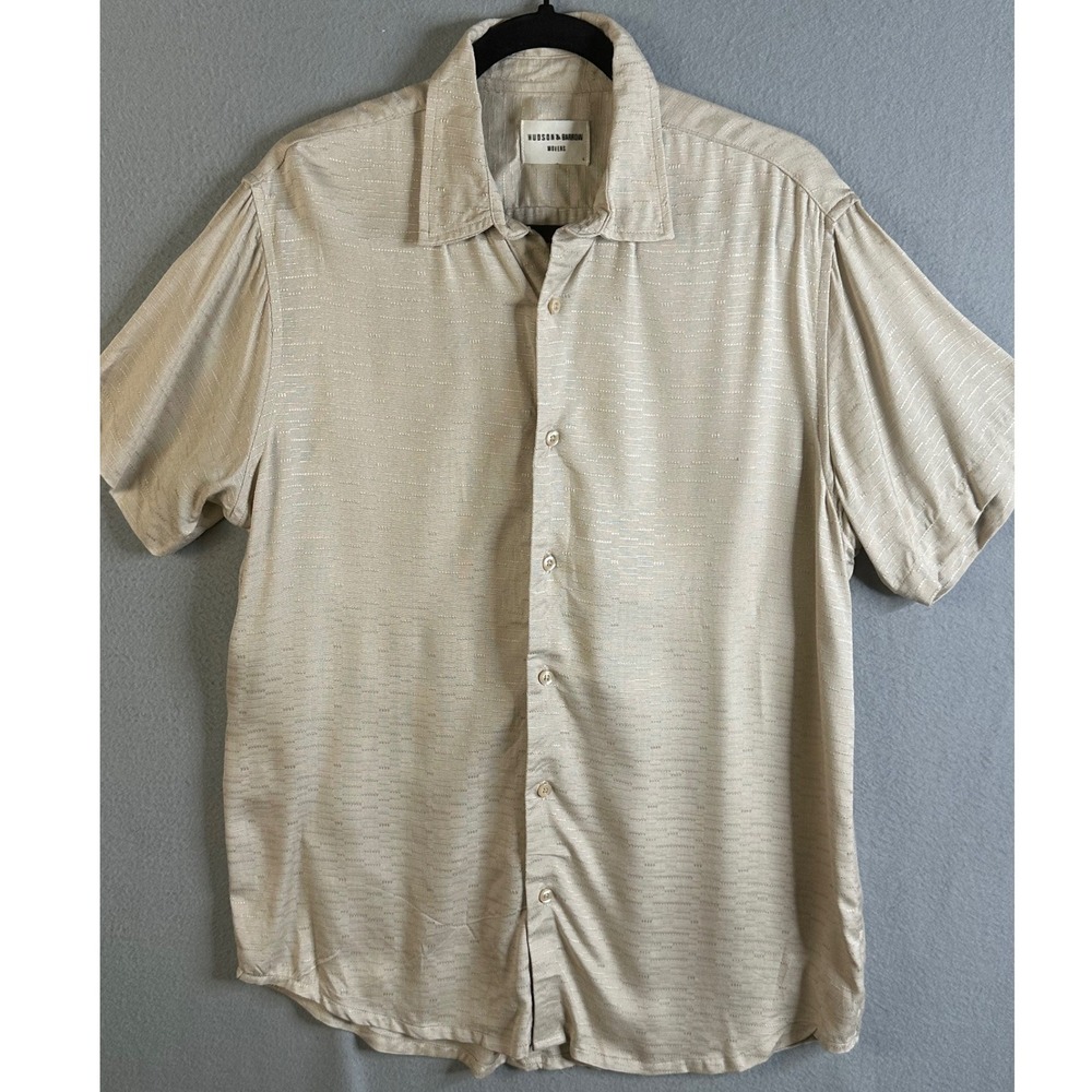 Hudson & Barrow Mens Woven Short Sleeve Button Up Shirt Tan Size L‎